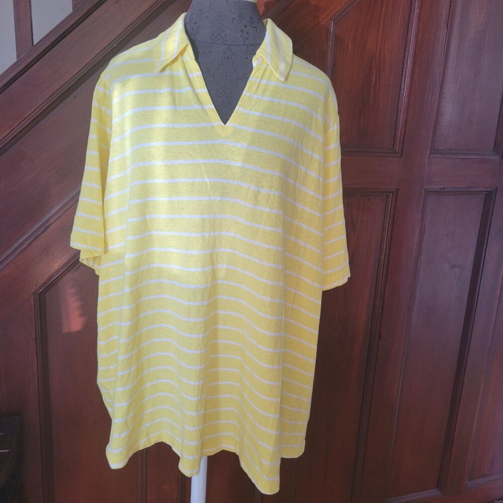 Lands End Yellow & White Striped Polo Shirt 3X
